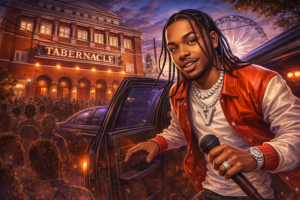 Indakno caricature illustration of Dei V, in an Atlanta scene: The Tabernacle at 152 Luckie Street NW in downtown Atlanta, inside the Luckie-Marietta concert corridor, image rol...