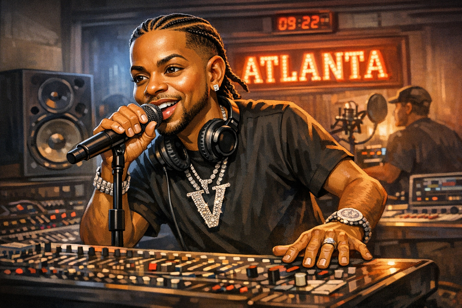 Indakno caricature illustration of Dei V, in an Atlanta scene: The Tabernacle at 152 Luckie Street NW in downtown Atlanta, inside the Luckie-Marietta concert corridor, image rol...