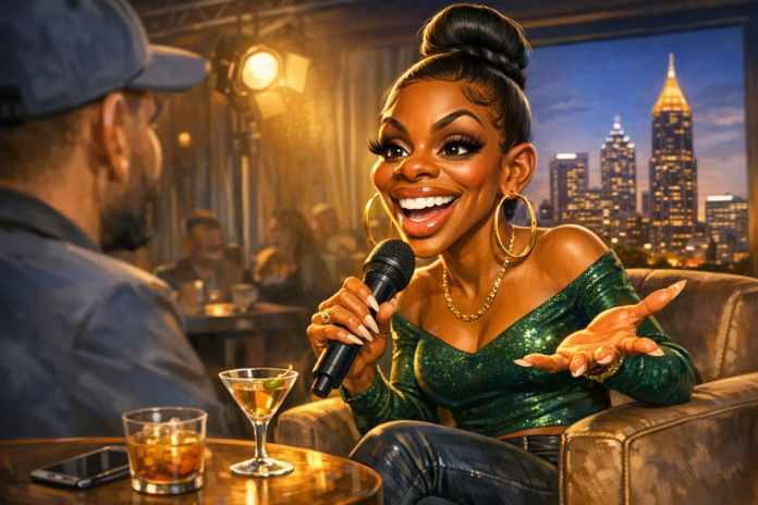 Indakno caricature illustration of Jess Hilarious, in an Atlanta scene: 3070 Windward Plaza in Alpharetta, then 451 Lee Street Southwest in Atlanta, image role: Featured likenes...