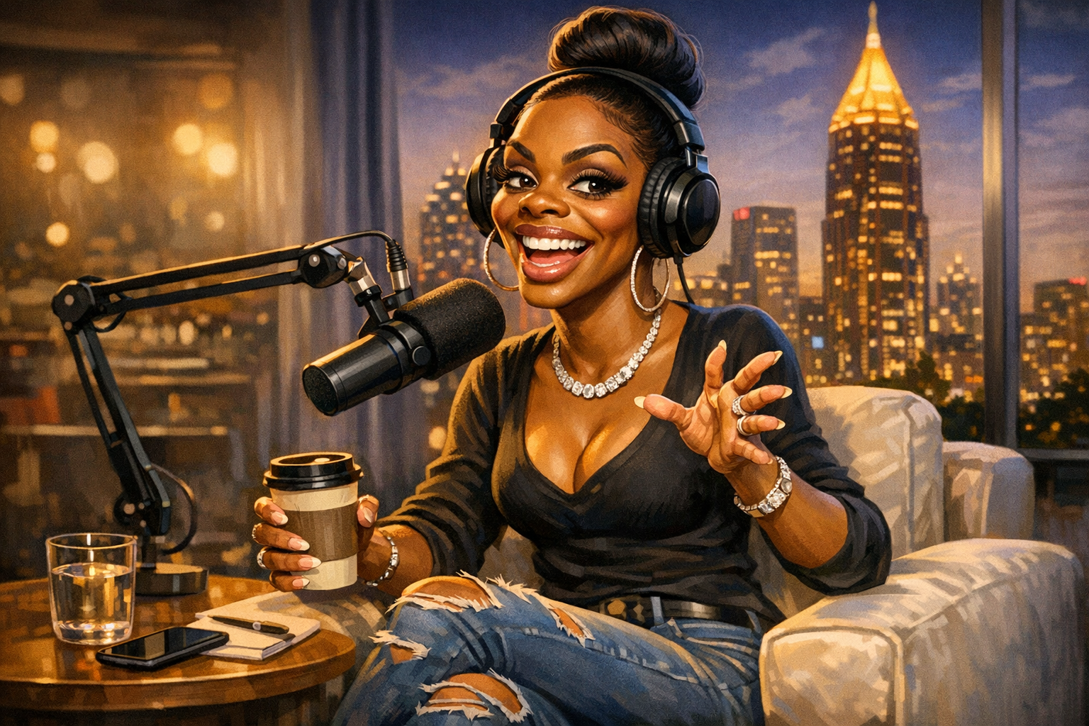Indakno caricature illustration of Jess Hilarious, in an Atlanta scene: 3070 Windward Plaza in Alpharetta, then 451 Lee Street Southwest in Atlanta, image role: Supporting actio...