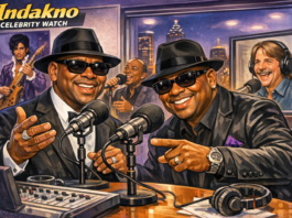 Indakno caricature illustration of Jimmy Jam and Terry Lewis, in an Atlanta scene: Atlanta Celebrity Watch scene, image role: Featured Atlanta scene caricature hero