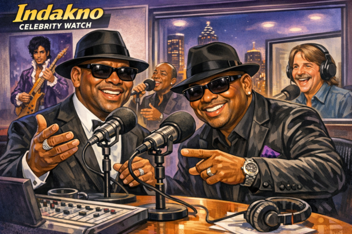 Indakno caricature illustration of Jimmy Jam and Terry Lewis, in an Atlanta scene: Atlanta Celebrity Watch scene, image role: Featured Atlanta scene caricature hero