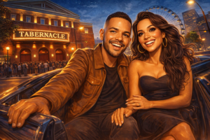 Indakno caricature illustration of JOHNNYSWIM, in an Atlanta scene: The Tabernacle at 152 Luckie Street NW in downtown Atlanta, right in the Luckie-Marietta live-music corridor...