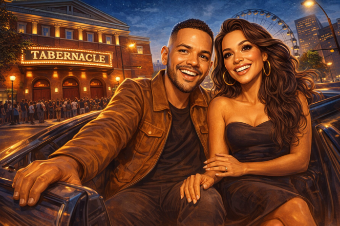 Indakno caricature illustration of JOHNNYSWIM, in an Atlanta scene: The Tabernacle at 152 Luckie Street NW in downtown Atlanta, right in the Luckie-Marietta live-music corridor...