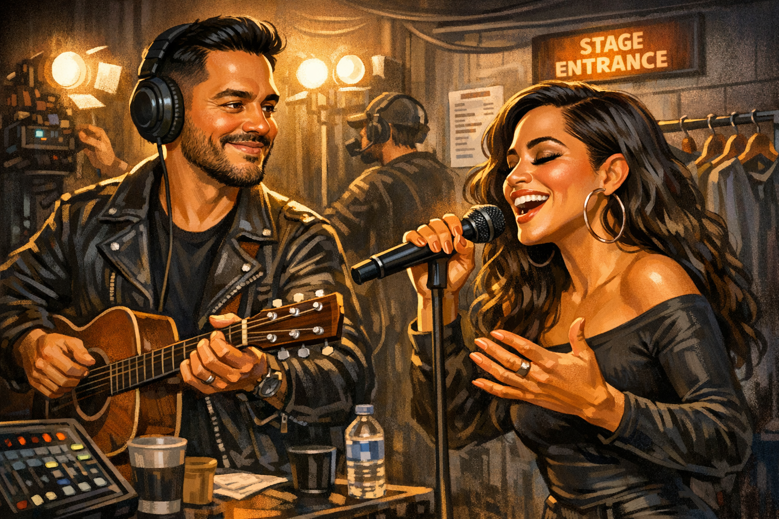 Indakno caricature illustration of JOHNNYSWIM, in an Atlanta scene: The Tabernacle at 152 Luckie Street NW in downtown Atlanta, right in the Luckie-Marietta live-music corridor...
