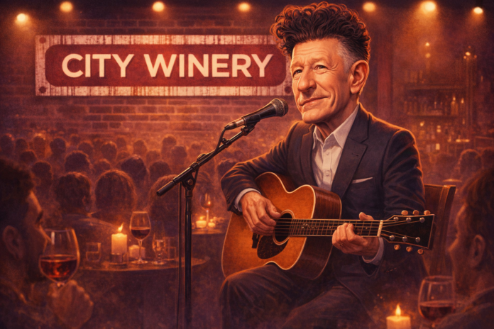 Indakno caricature illustration of Lyle Lovett, in an Atlanta scene: City Winery Atlanta at 650 North Ave NE inside Ponce City Market in the Old Fourth Ward, image role: Feature...
