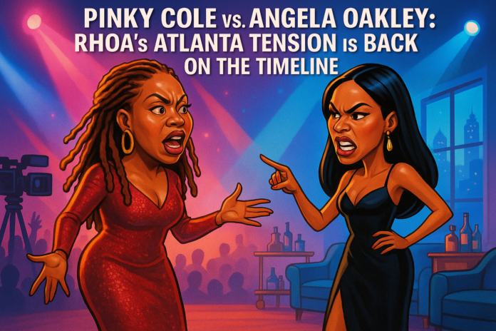 Indakno caricature illustration of Pinky Cole & Angela Oakley, in an Atlanta scene: Real Housewives of Atlanta (Season 17) — the show’s Atlanta-set filming and episode rollouts...
