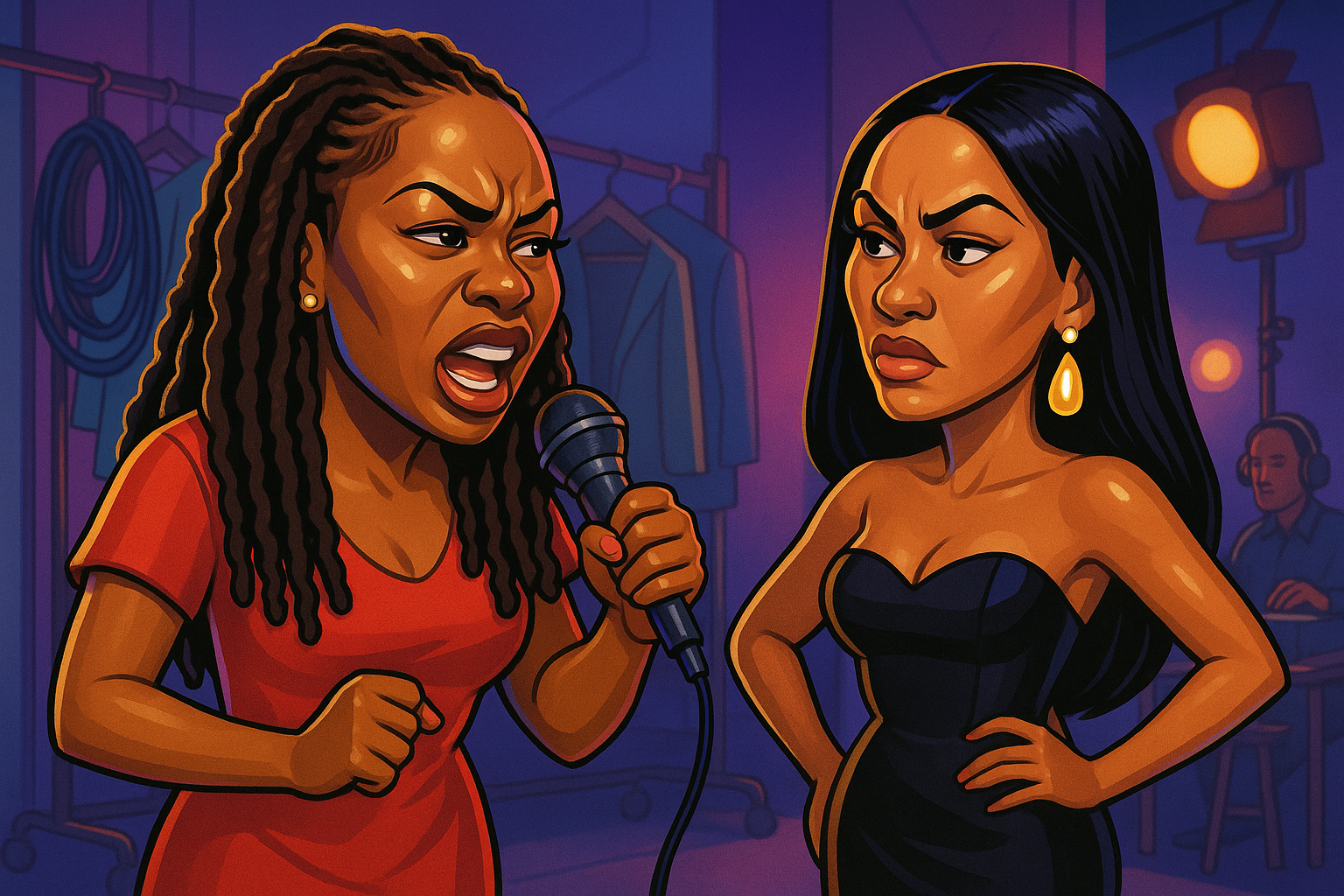 Indakno caricature illustration of Pinky Cole & Angela Oakley, in an Atlanta scene: Real Housewives of Atlanta (Season 17) — the show’s Atlanta-set filming and episode rollouts...