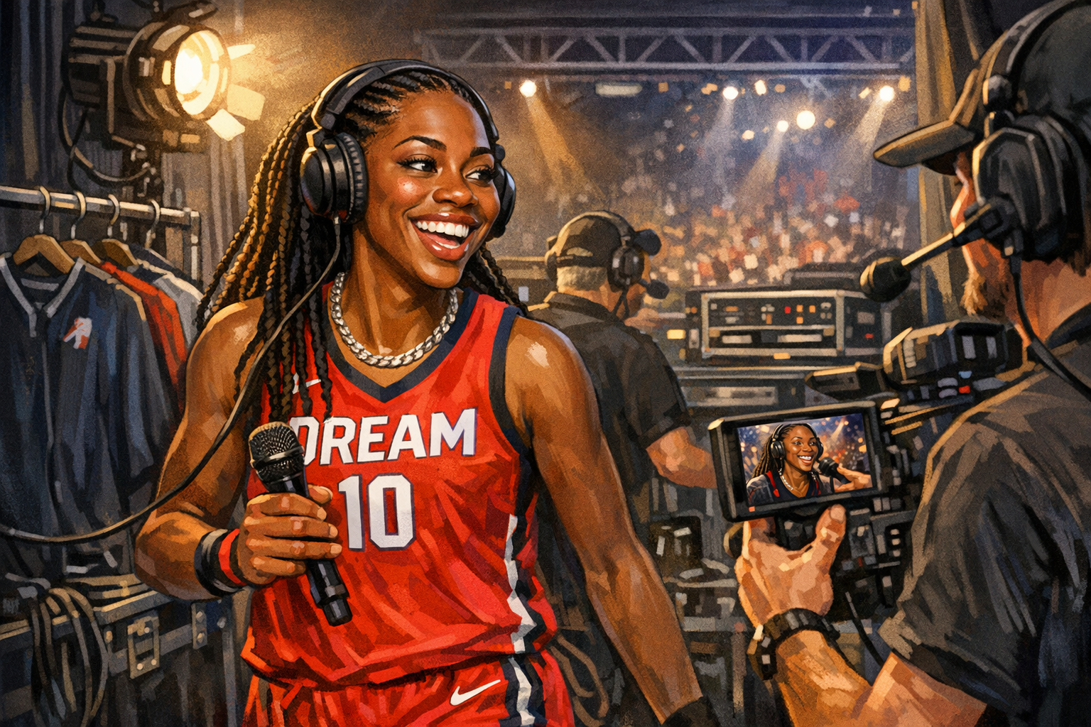 Indakno caricature illustration of Rhyne Howard, in an Atlanta scene: State Farm Arena in downtown Atlanta, image role: Supporting action/detail