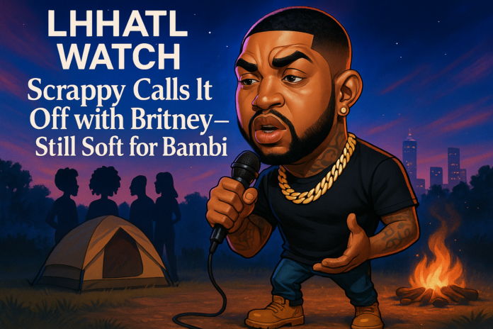 Indakno caricature illustration of Scrappy, in an Atlanta scene: Love & Hip Hop: Atlanta camping-trip episode setting (ATL cast-centric, local reality-series production context)...