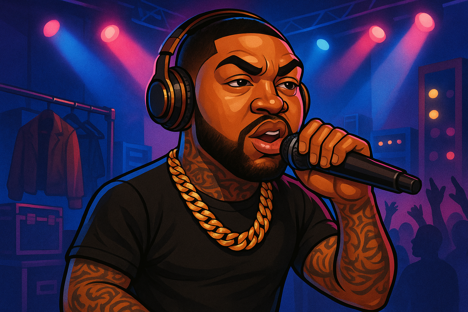 Indakno caricature illustration of Scrappy, in an Atlanta scene: Love & Hip Hop: Atlanta camping-trip episode setting (ATL cast-centric, local reality-series production context)...